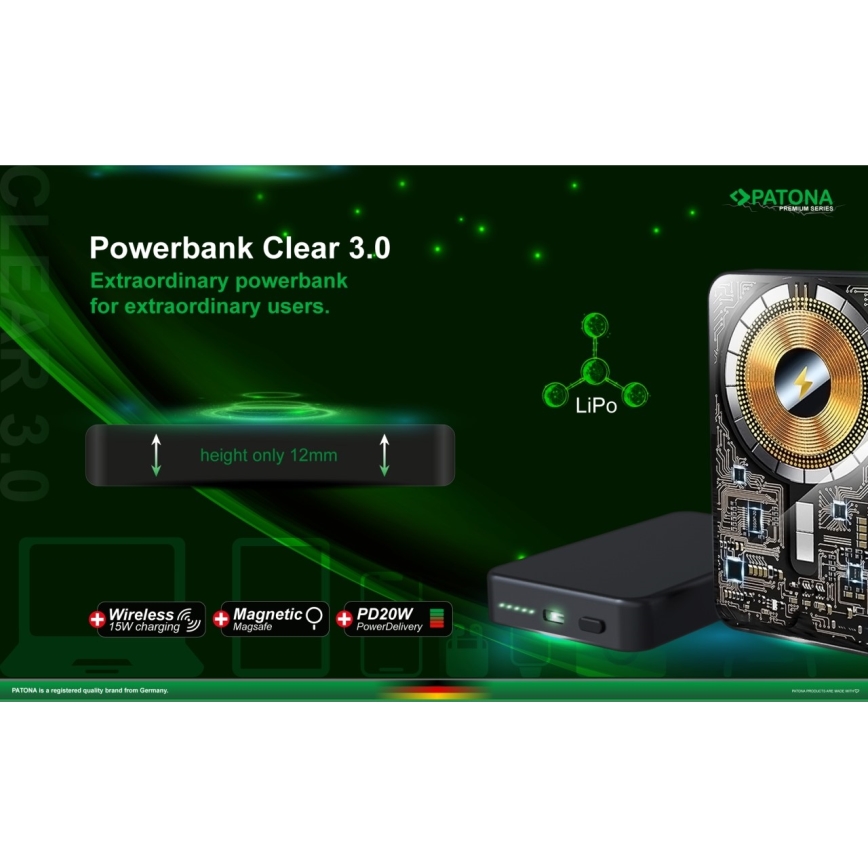 PATONA - Power Bank 10000mAh Li-Pol-PD20W MagSafe USB-C com carregamento Qi