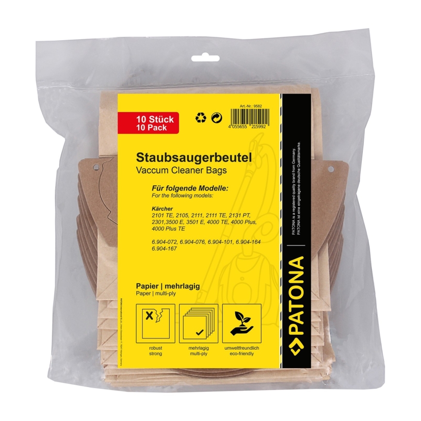 PATONA - Sacos para aspirador KÄRCHER 2101/2105/2111/3500/E4000 papel - 10 peças