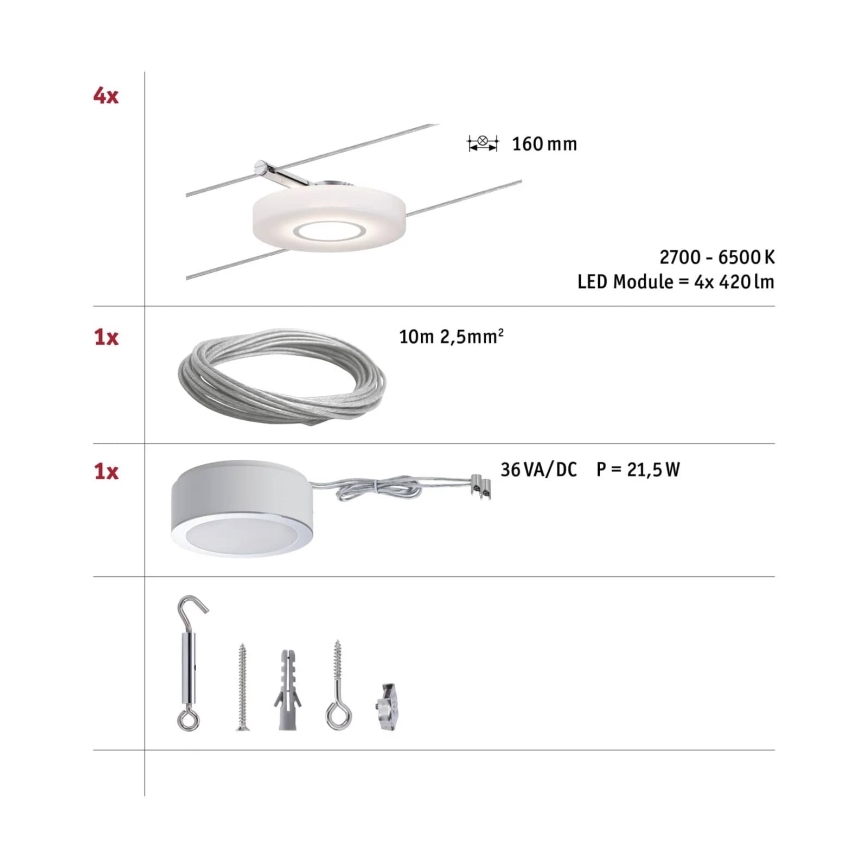Paulmann 50109 - CONJUNTO 4xLED/4,4W Luminária de embutir dimmerizável para sistema de cabos SMART DISC 230V