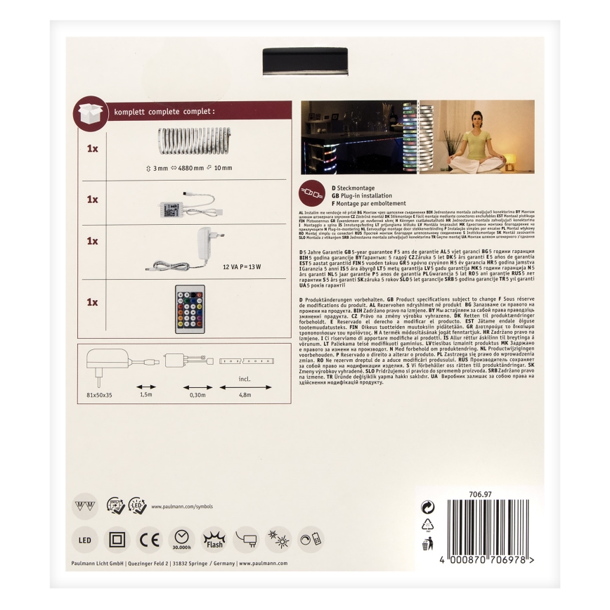 Paulmann 70697 - LED RGBW/10,5W Tira com regulação DIGITAL 4,8m 230V + controlo remoto