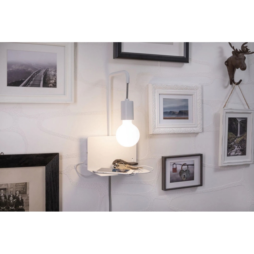 Paulmann 79812 - 1xE27/40W Aplique de parede com prateleira e porta USB CALVANI 230V branco