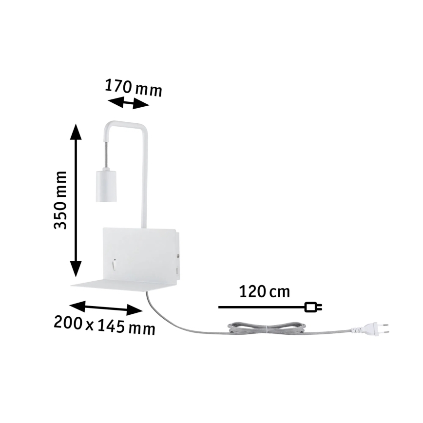 Paulmann 79812 - 1xE27/40W Aplique de parede com prateleira e porta USB CALVANI 230V branco