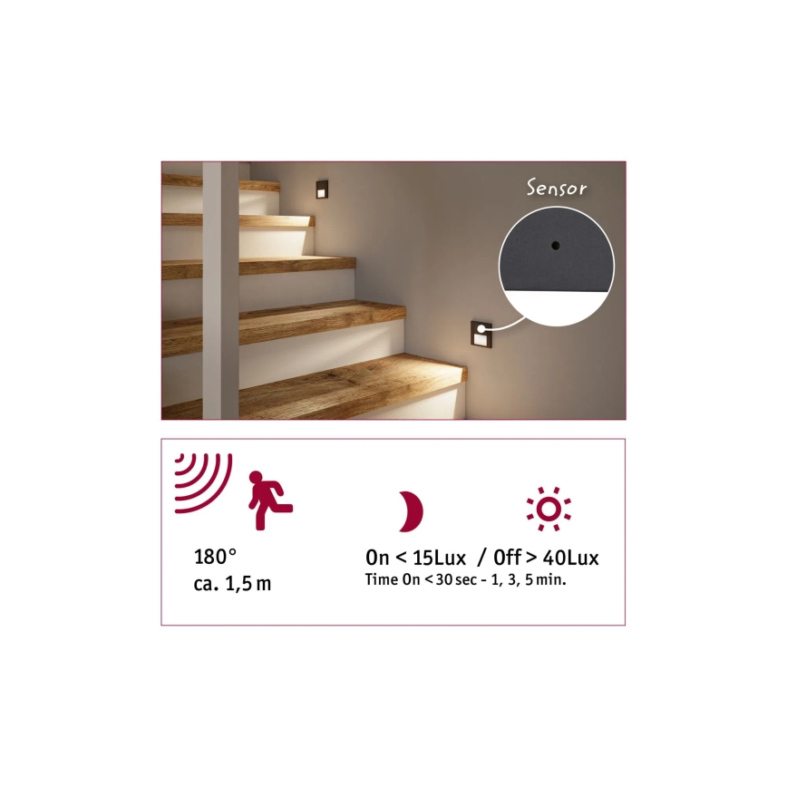 Paulmann 80004 - LED/1W Luminária de escada com sensor TSARO 230V Lead/preto