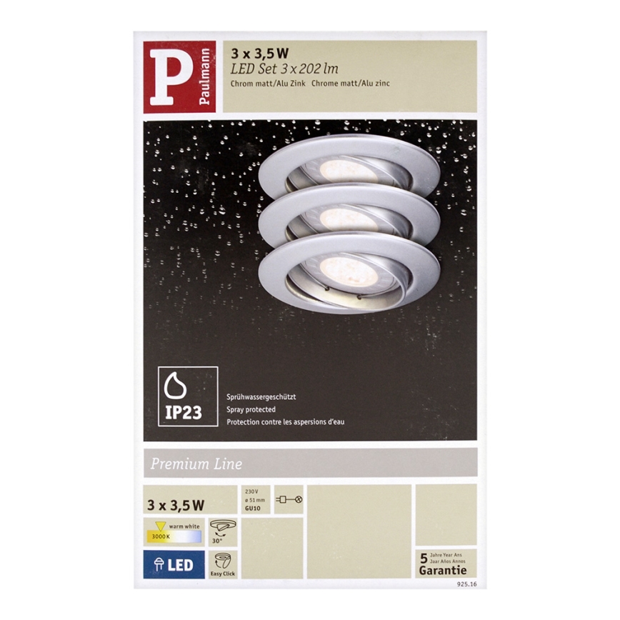 Paulmann 92516 - CONJUNTO 3xLED-GU10/3,5W Luminária de embutir para banheiro PREMIUM LINE 230V