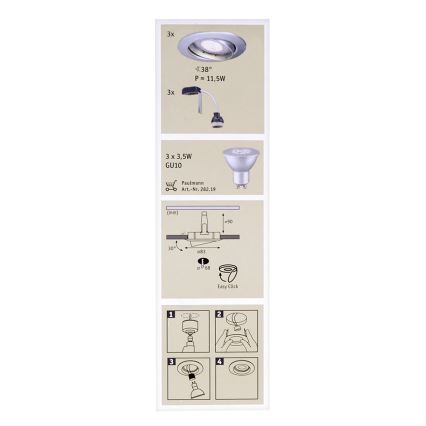 Paulmann 92516 - CONJUNTO 3xLED-GU10/3,5W Luminária de embutir para banheiro PREMIUM LINE 230V