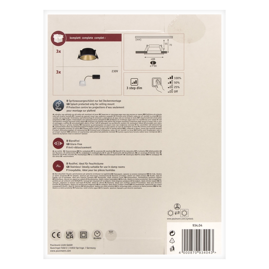 Paulmann 93404 - SADA 3xLED/6,5W IP44 Foco de encastrar de casa de banho com regulação COLE 230V