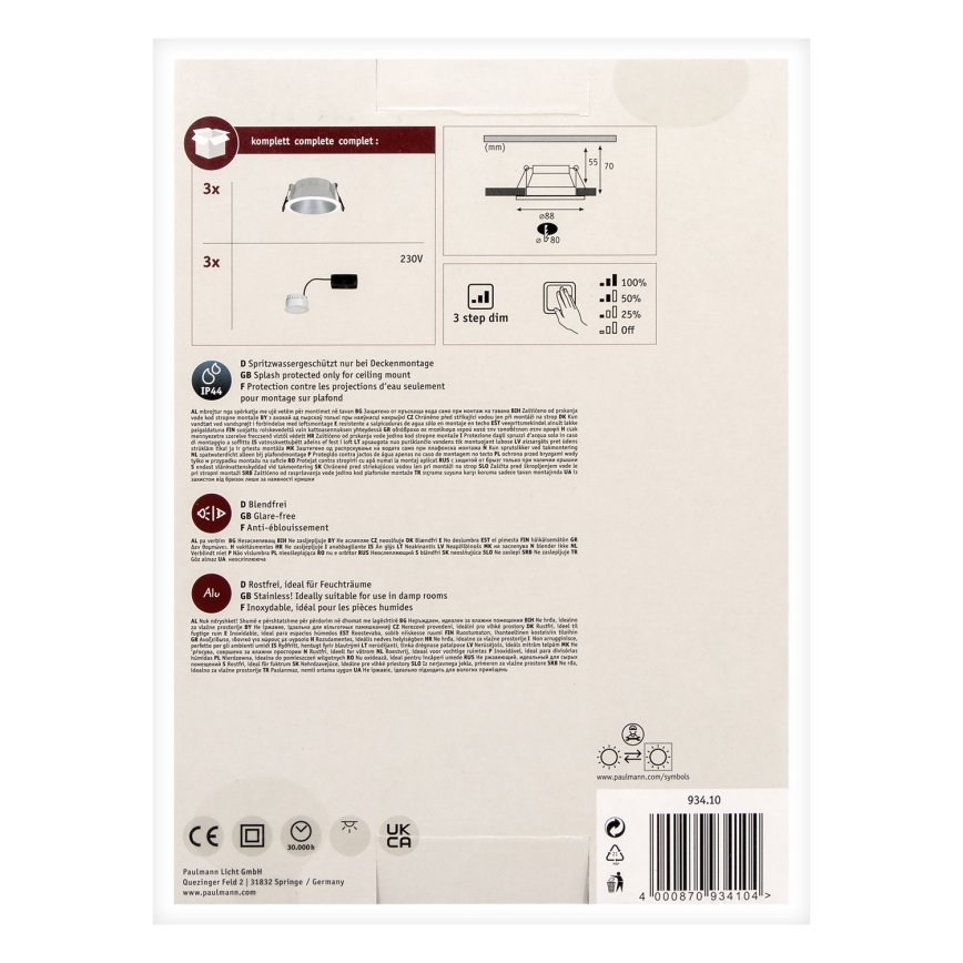 Paulmann 93410 - CONJUNTO 3xLED/6,5W IP44 Foco de encastrar de casa de banho com regulação COLE 230V