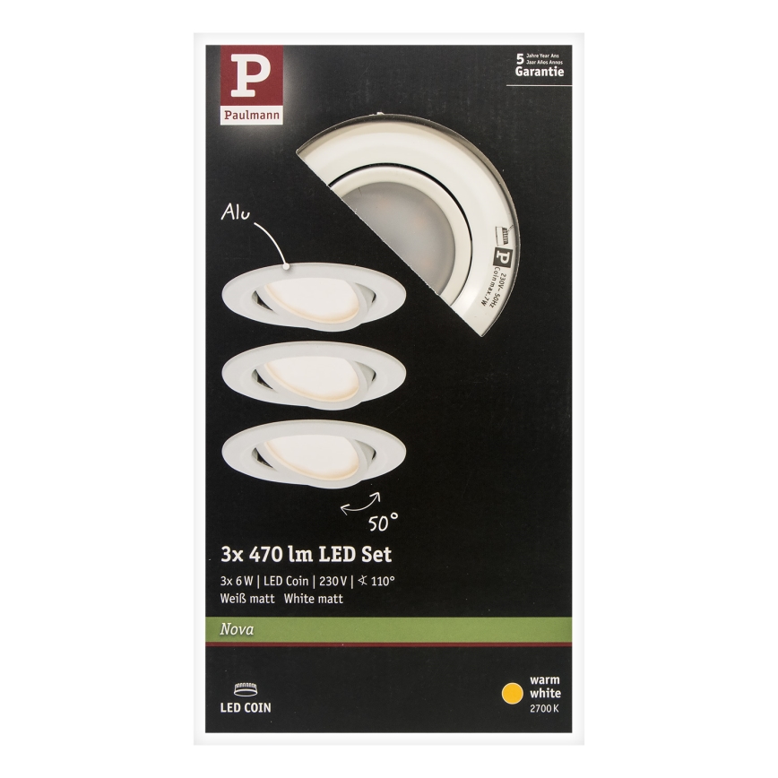 Paulmann 93449 - CONJUNTO 3xLED/6,5W IP23 Iluminação embutida de casa de banho NOVA 230V