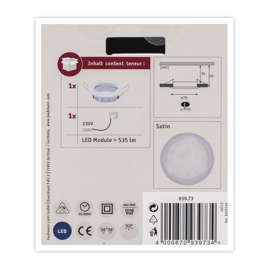 Paulmann 93973 - LED/6,8W IP44 Iluminação embutida de casa de banho COIN 230V
