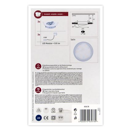 Paulmann 93978 - CONJUNTO 3x LED/6,8W IP23 Iluminação embutida de casa de banho COIN 230V