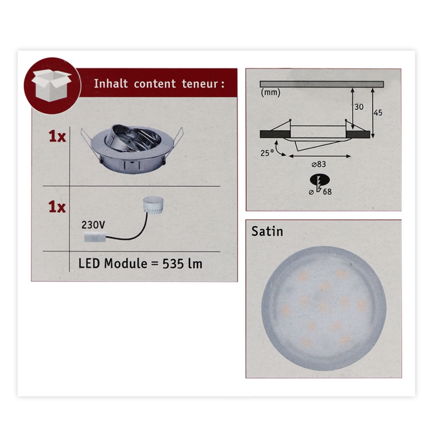 Paulmann 93981 - LED/6,8W IP23 Luz encastrada de casa de banho COIN 230V