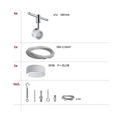 Paulmann 94080 - Conjunto 4xLED/4,8W Sistema completo de cabos STAGE 230V cromado brilhante