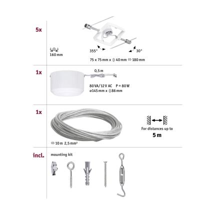 Paulmann 94134 - Conjunto 5x GU5,3/10W, sistema de cabos completo MAC 230V, branco
