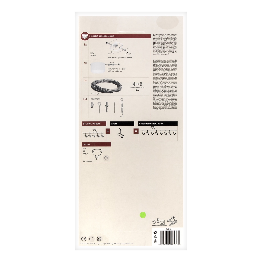 Paulmann 94134 - CONJUNTO 5xGU5,3/10W Luminária de embutir para sistema de cabos MAC 230V branco