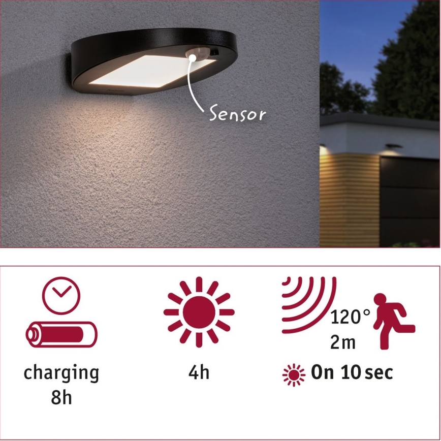Paulmann 94246 - LED/1,2W IP44 Luminária solar exterior com sensor RYSE 3,7V 1800 mAh