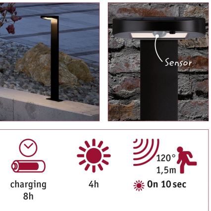 Paulmann 94249 - LED/1,2W IP44 Lâmpada solar exterior com sensor RYSE 3,7V 1800 mAh