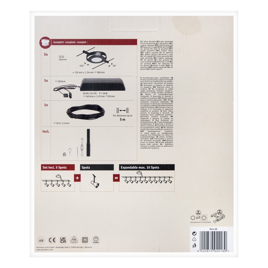 Paulmann 94418 - CONJUNTO 5xLED/4,5W Foco para sistema de cable ROUNDMAC 230V negro