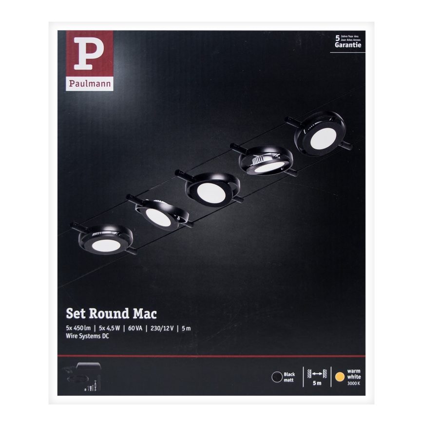 Paulmann 94418 - KIT 5xLED/4,5W Sistema completo de suspensão por cabo ROUNDMAC 230V preto