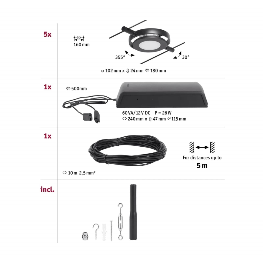Paulmann 94418 - KIT 5xLED/4,5W Sistema completo de suspensão por cabo ROUNDMAC 230V preto