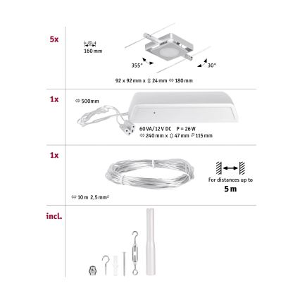 Paulmann 94420 - CONJUNTO 5xLED/4,5W Sistema de cabos completo MAC 230V cromo fosco