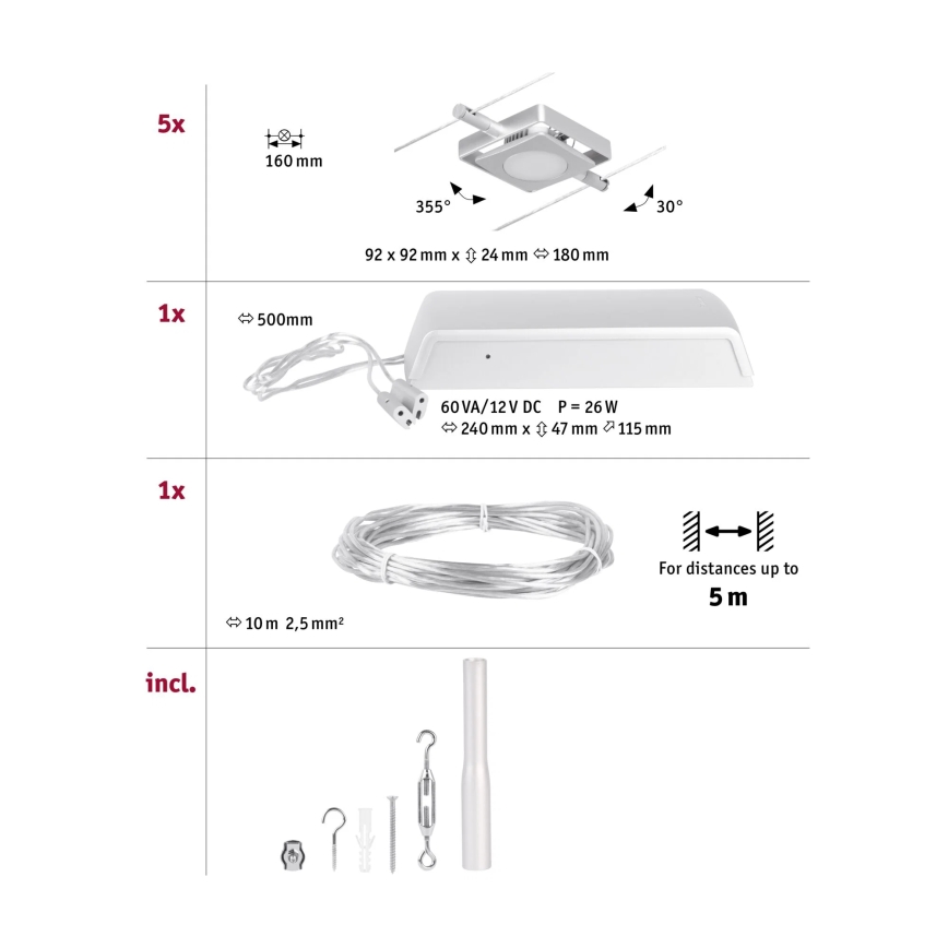 Paulmann 94420 - CONJUNTO 5xLED/4,5W Sistema de cabos completo MAC 230V cromo fosco