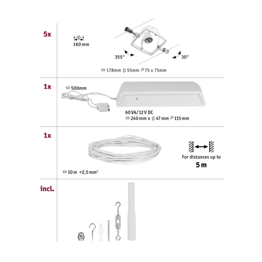 Paulmann 94432 - KIT 5xGU5,3/10W sistema completo de cabos MAC 230V branco