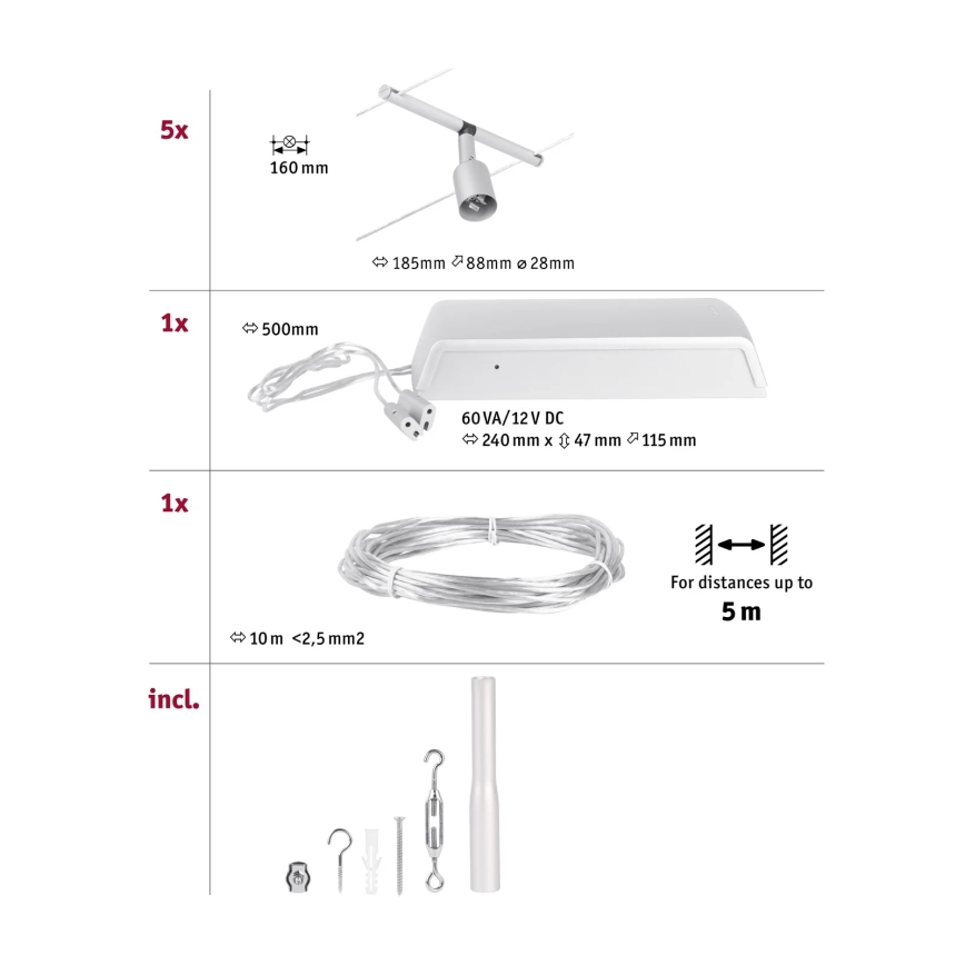 Paulmann 94442 - Kit 5xGU5,3/10W Sistema completo de cabos SALT 230V cromado mate