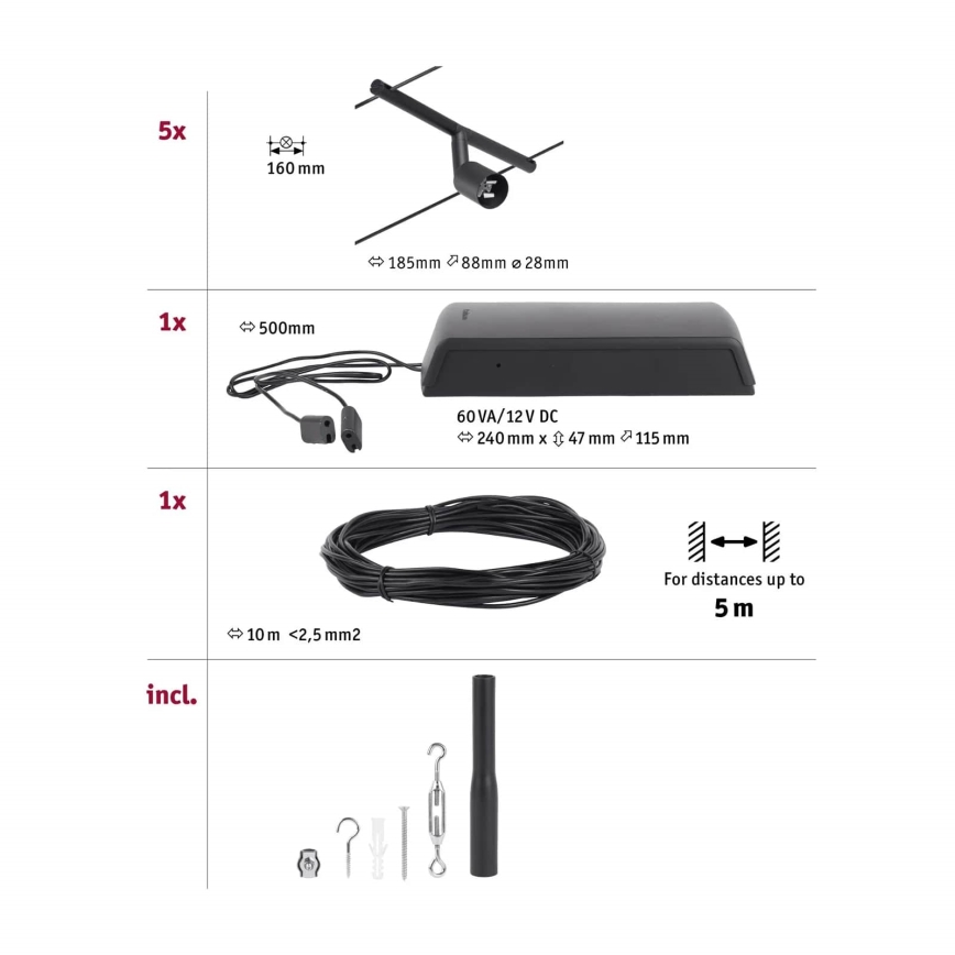 Paulmann 94446 - Kit 5xGU5,3/10W Sistema completo de suspensão por cabo SALT 230V preto