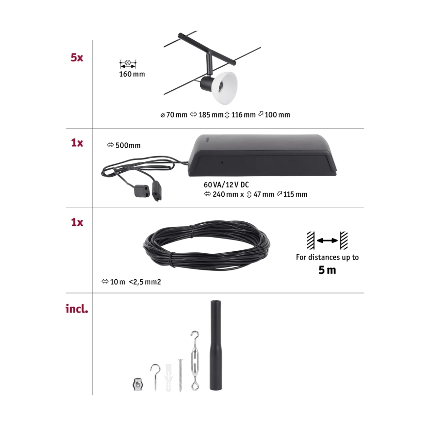 Paulmann 94450 - KIT 5xGU5,3/10W Sistema completo de cabos SHEELA 230V preto