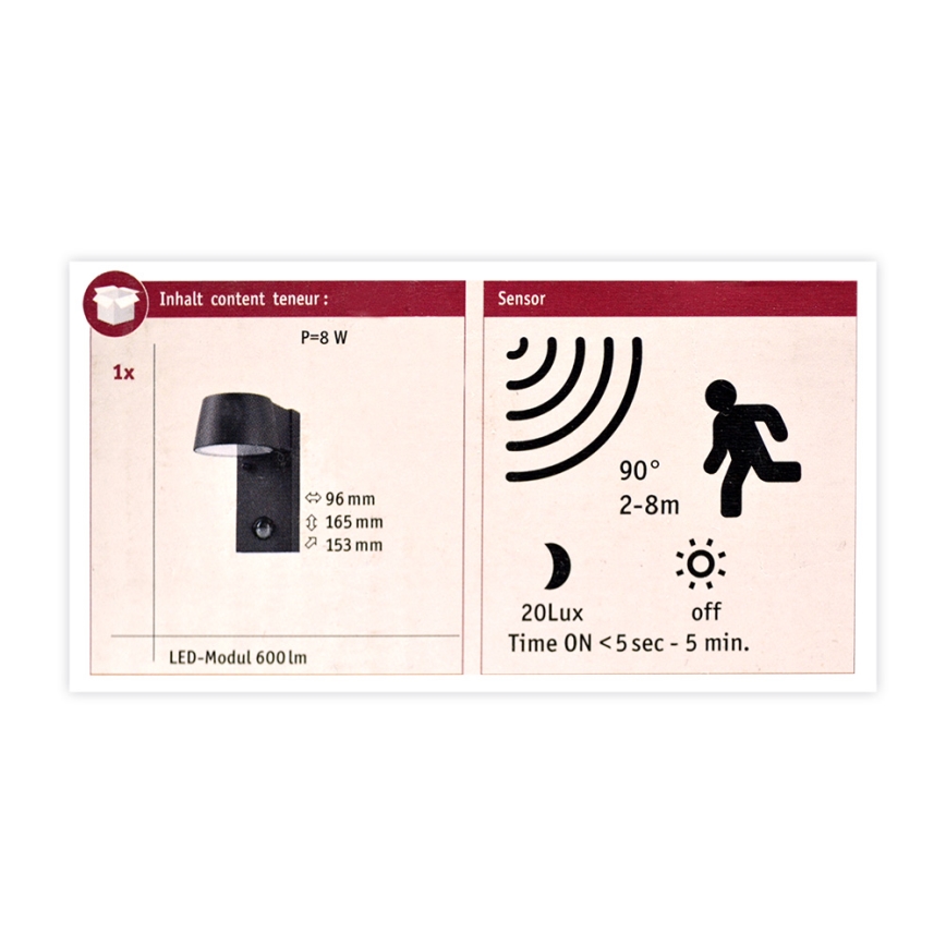 Paulmann 94453 - LED/6W IP44 Iluminação de parede exterior com sensor CAPEA 230V
