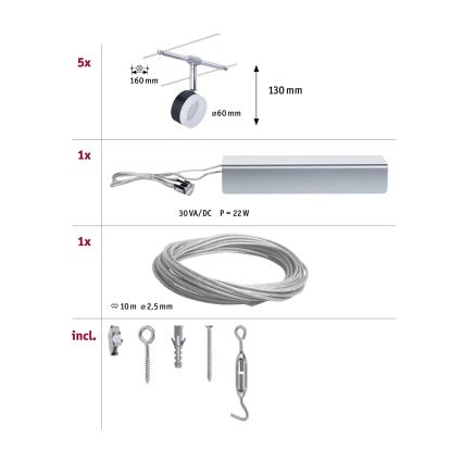 Paulmann 94457 - Conjunto 5xLED/4W: sistema completo de cabos CLEAR, 230V, preto/cromado brilhante