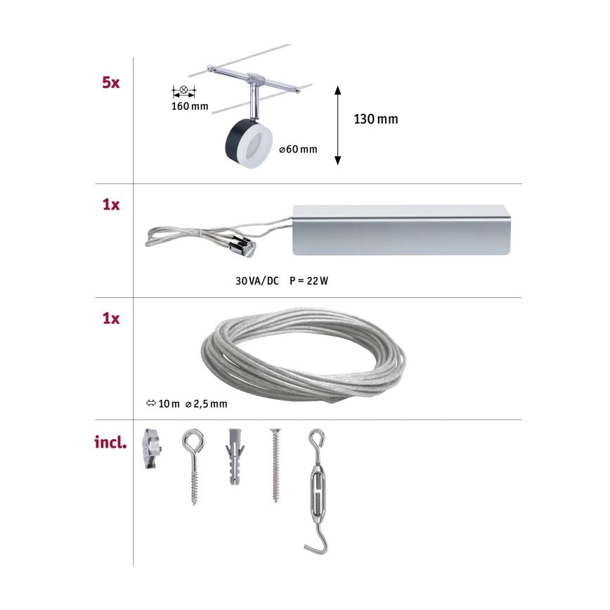 Paulmann 94457 - Conjunto 5xLED/4W: sistema completo de cabos CLEAR, 230V, preto/cromado brilhante