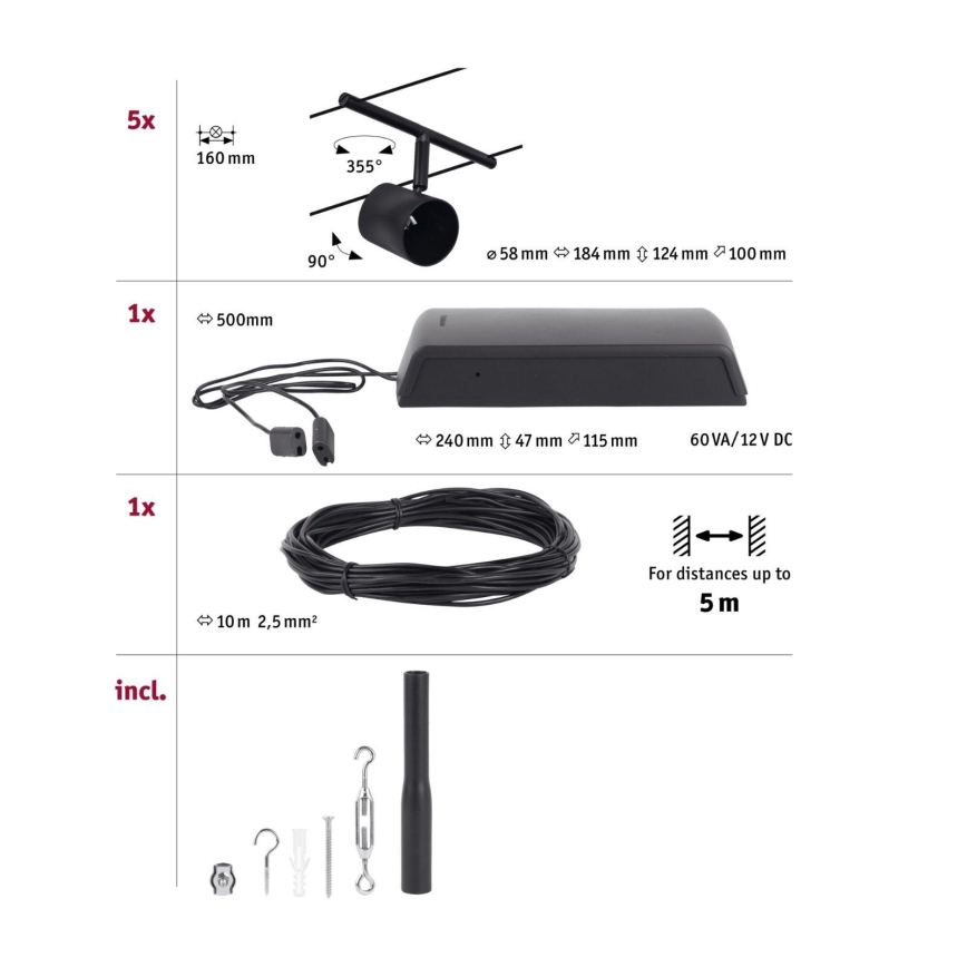 Paulmann 94469 - Conjunto 5xGU5,3/10W sistema completo de cabos CUP 230V preto