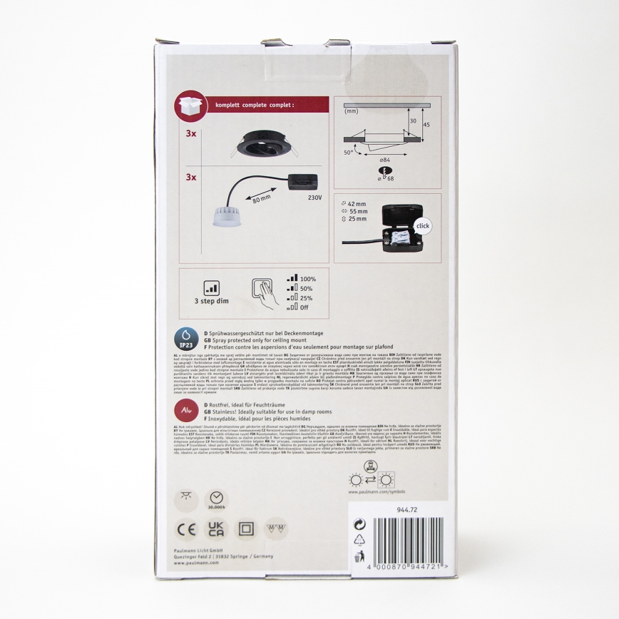 Paulmann 94472 - CONJUNTO 3xLED/6W  IP23 Foco de encastrar de casa de banho com regulação NOVA 230V