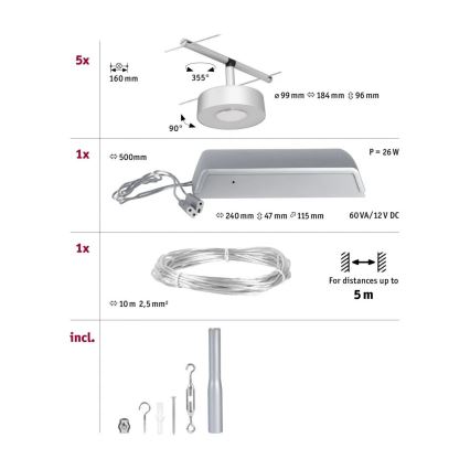 Paulmann 94475 - KIT 5xLED/5W Sistema completo de cabos de suspensão CIRCLE 230V cromado mate