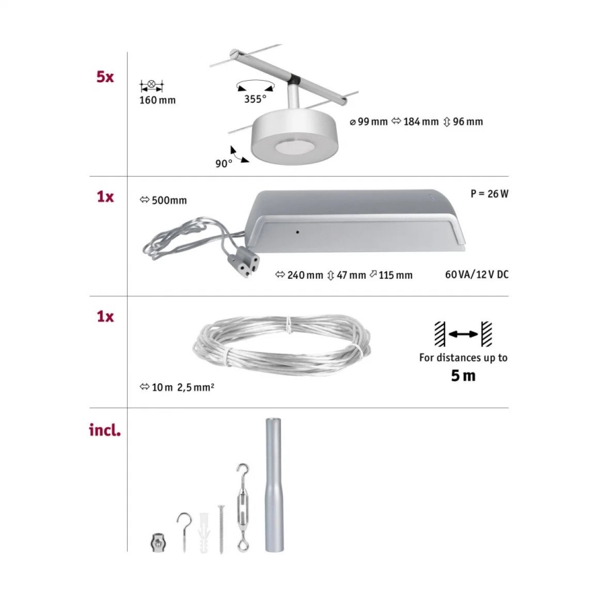 Paulmann 94475 - KIT 5xLED/5W Sistema completo de cabos de suspensão CIRCLE 230V cromado mate