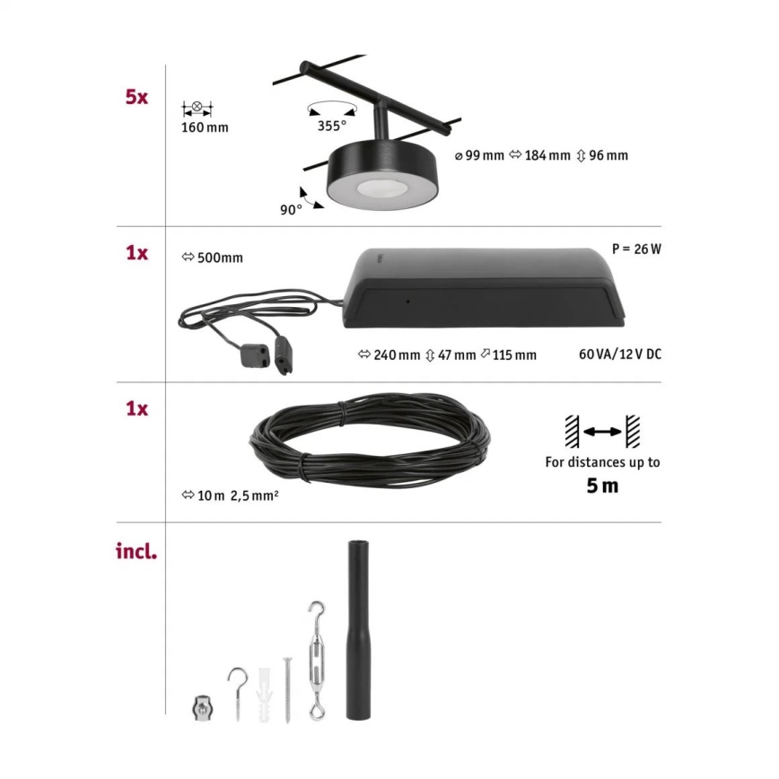 Paulmann 94479 - Conjunto 5x LED de 5W Sistema completo de cabos CIRCLE 230V preto