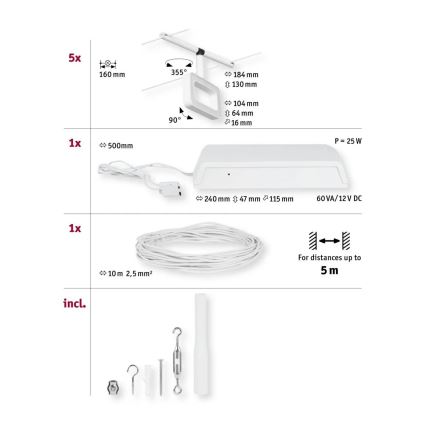 Paulmann 94483 - Conjunto 5xLED/4,8W Sistema de cabos completo FRAME 230V branco