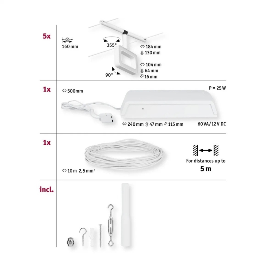 Paulmann 94483 - Conjunto 5xLED/4,8W Sistema de cabos completo FRAME 230V branco