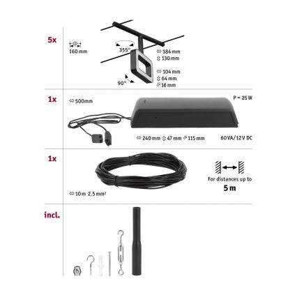Paulmann 94485 - Conjunto 5xLED/4,8W, sistema completo de cabos FRAME 230V, preto