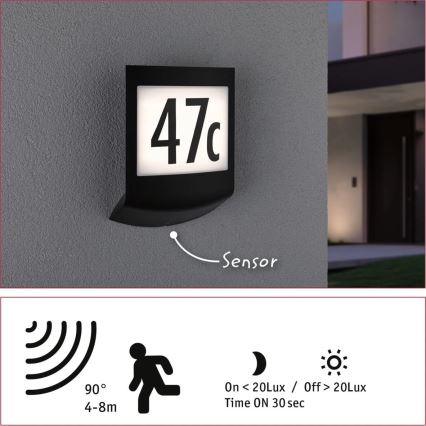 Paulmann 94513 - RGBW LED/8,2W IP44 Número de casa regulável com sensor de movimento e crepúsculo PADEA 230V antracite