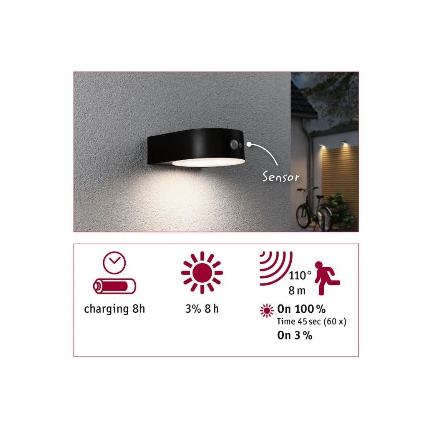 Paulmann 94570 - LED/5,5W IP44 Luminária de parede solar com sensor EILEEN 3,7V 2000 mAh