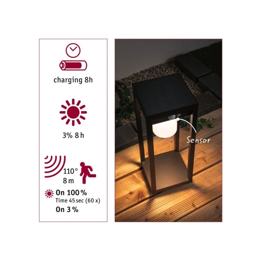 Paulmann 94573 - Lâmpada solar LED/5,5W IP44 com sensor MARISOL 3,7V 2000 mAh