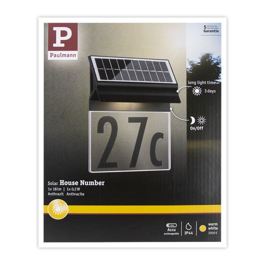 Paulmann 94694 - LED/0,2W IP44 Número de casa solar NEDA 3,7V 1800 mAh