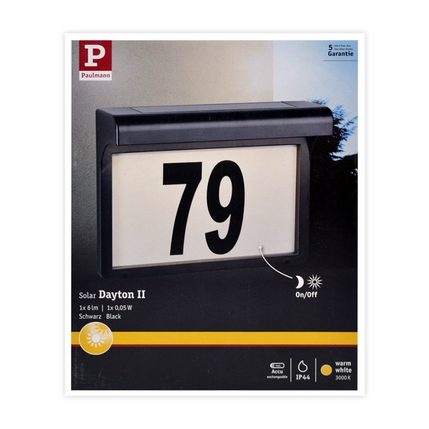 Paulmann 95388 - Número de casa solar LED/0,05W IP44 com sensor DAYTON 1,2V 600 mAh