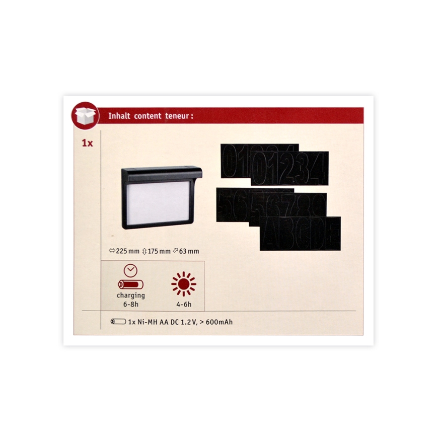 Paulmann 95388 - Número de casa solar LED/0,05W IP44 com sensor DAYTON 1,2V 600 mAh