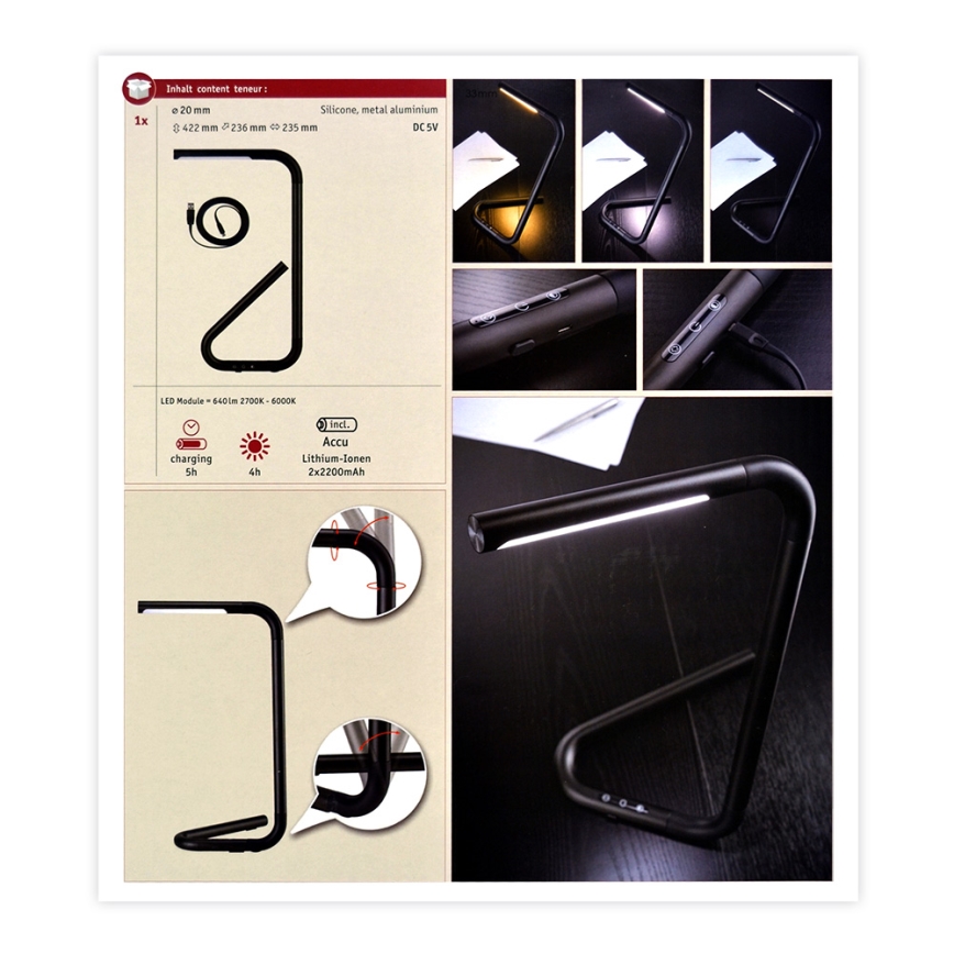 Paulmann 95424 - Lâmpada de mesa tátil dimmerizável LED/4,5W FLEXLINK 5V/USB 4400 mAh preta