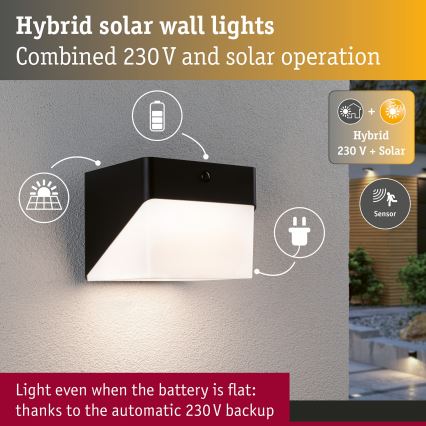 Paulmann 95746 - LED/2,3W IP44 Aplique de parede solar com sensor EILEEN 3,7/230V 4000 mAh preto
