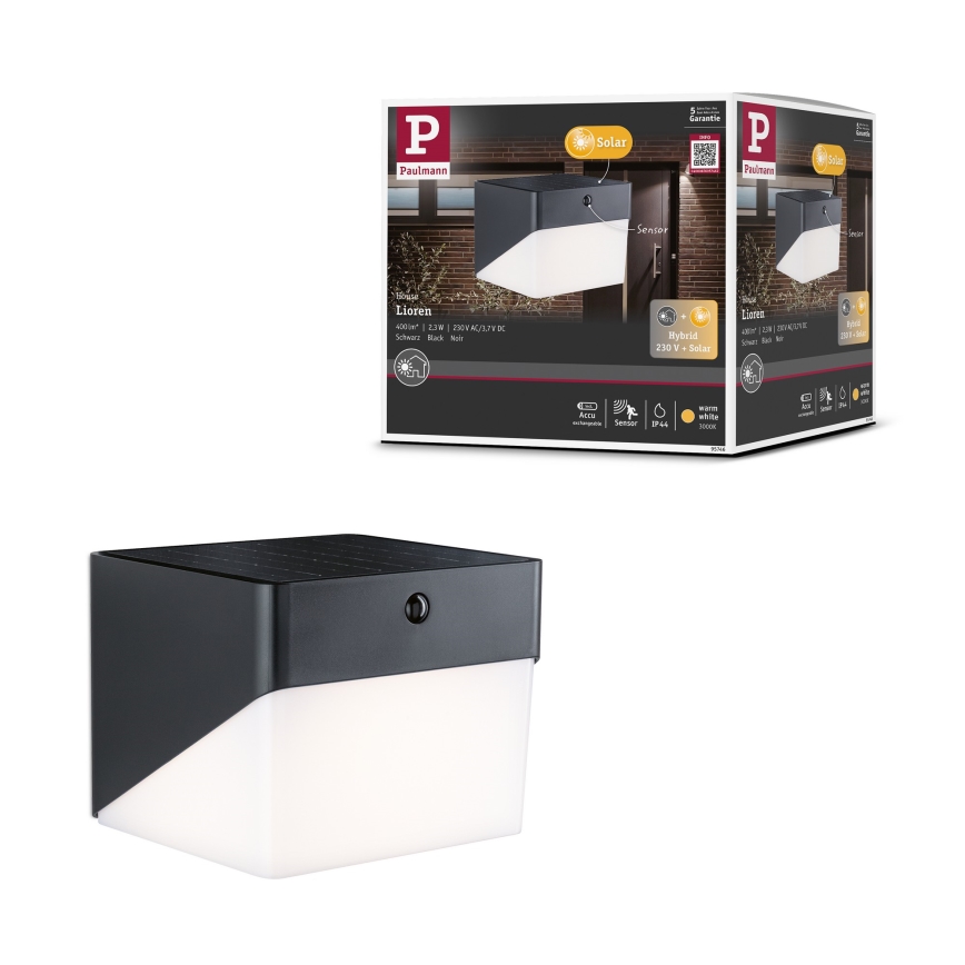 Paulmann 95746 - LED/2,3W IP44 Aplique de parede solar com sensor EILEEN 3,7/230V 4000 mAh preto