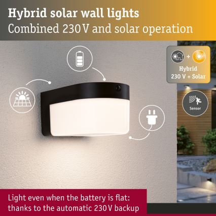 Paulmann 95747 - LED/2,3W IP44 Aplique de parede solar com sensor CALYNE 3,7/230V 4000 mAh preto